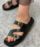 صندل راحتی تخت مشکی و عسلی شیک چرم کفش تابستانی زنانه ( 981 )