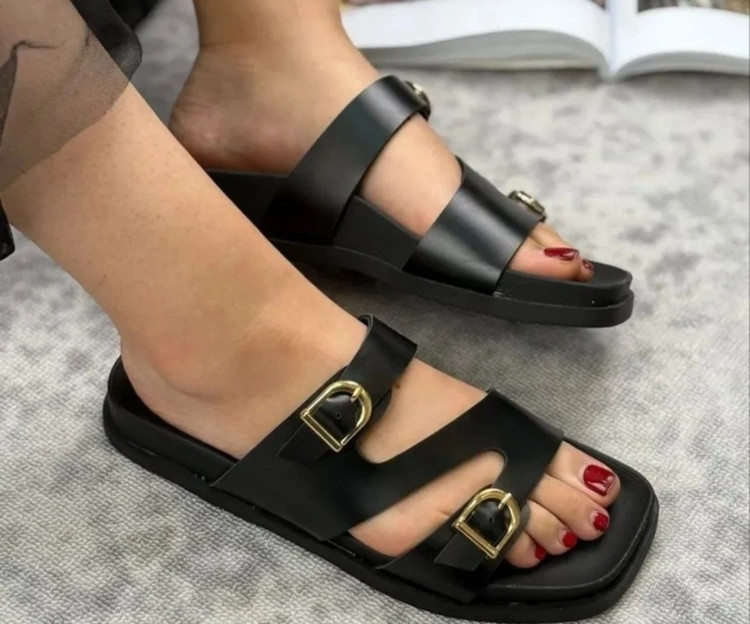صندل راحتی تخت مشکی و عسلی شیک چرم کفش تابستانی زنانه ( 981 )