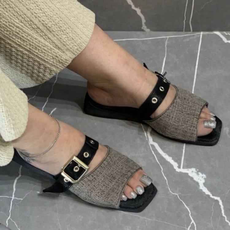 صندل راحتی شیک تابستانی مشکی و کرم عسلی رومی زنانه ( 969 )