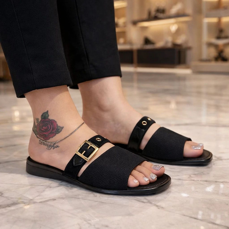 صندل راحتی شیک تابستانی مشکی و کرم عسلی رومی زنانه ( 969 )