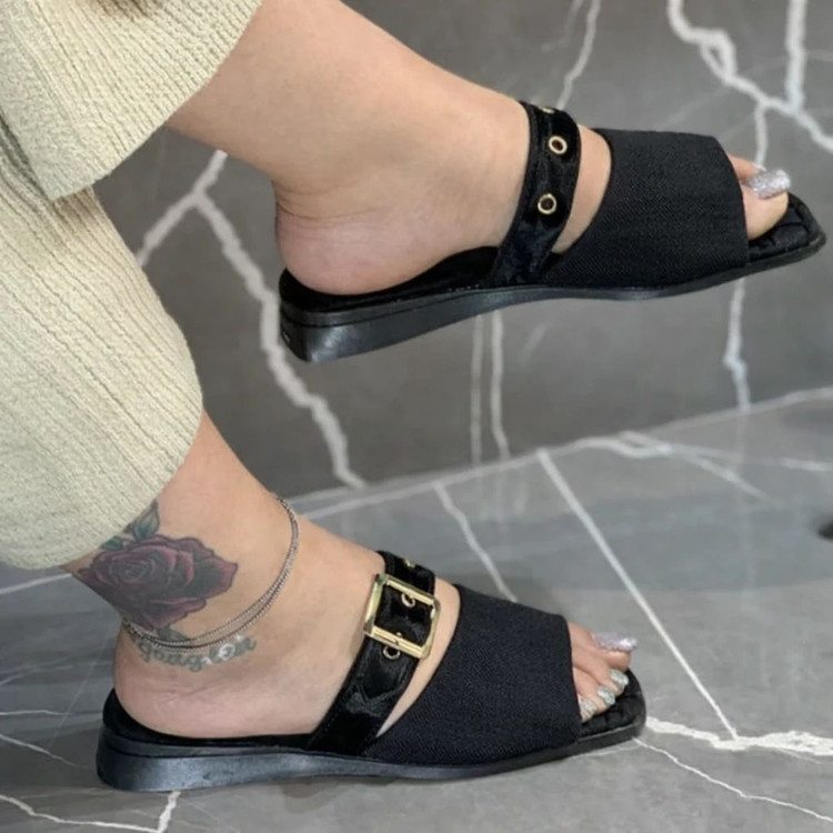 صندل راحتی شیک تابستانی مشکی و کرم عسلی رومی زنانه ( 969 )