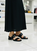 صندل پاشنه دار شیک چرم سفید و مشکی مات و براق تابستانی زنانه ( 994 )