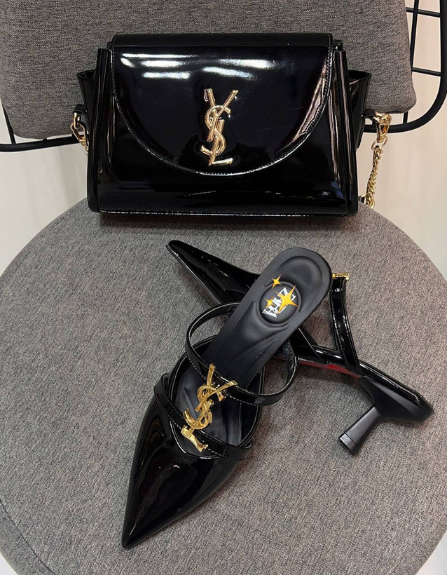 صندل پاشنه بلند پلنگی و مشکی ورنی براق YSL کفش مجلسی زنانه ( 894 )