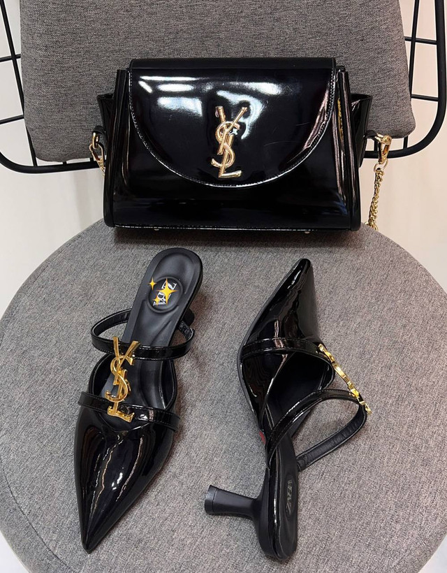 صندل پاشنه بلند پلنگی و مشکی ورنی براق YSL کفش مجلسی زنانه ( 894 )