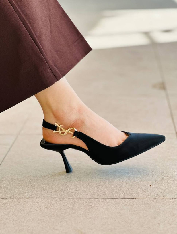 کفش استلتو YSL شیک مشکی ساتن و چرم پاشنه بلند ترند مجلسی زنانه ( 892 )
