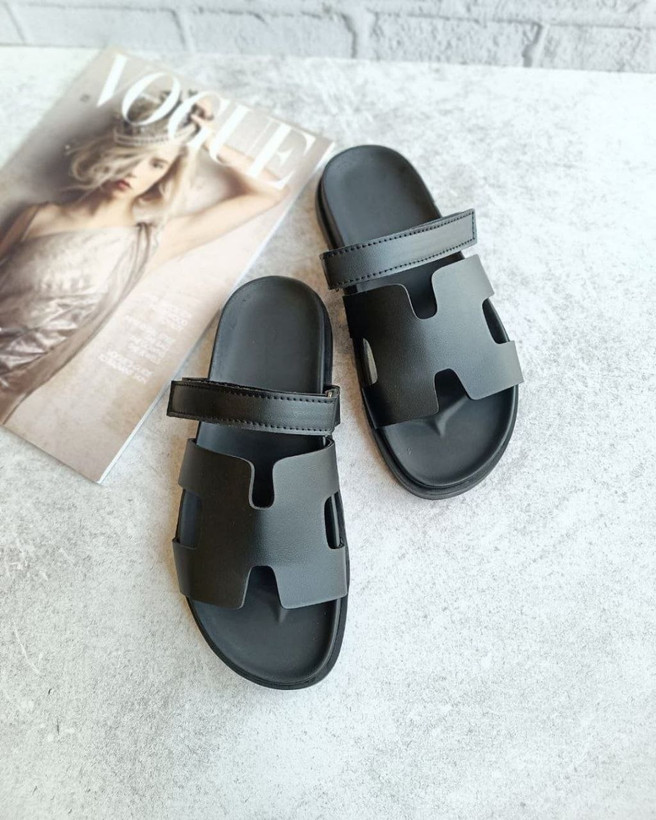 صندل هرمس چسبی شیک راحتی مشکی و عسلی کفش تابستانی زنانه ( 322 )