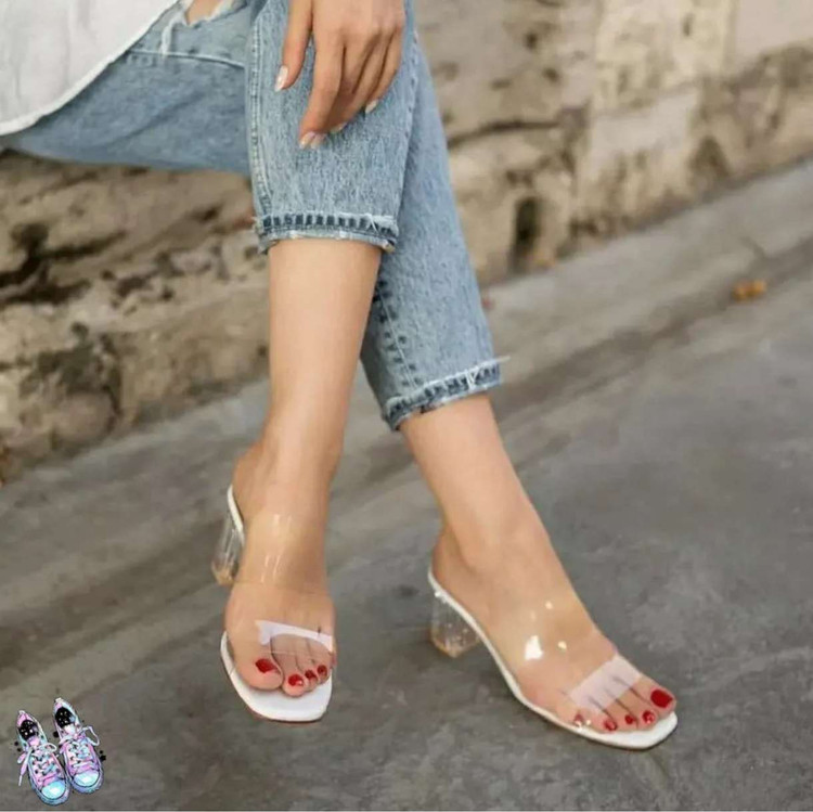 صندل طلقی شیک پاشنه کوتاه مشکی و سفید کفش تابستانی مجلسی زنانه ( 329 )
