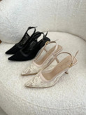 صندل گیپور شیک مشکی و کرم پاشنه بلند مجلسی کفش توری حریر زنانه ( 992 )